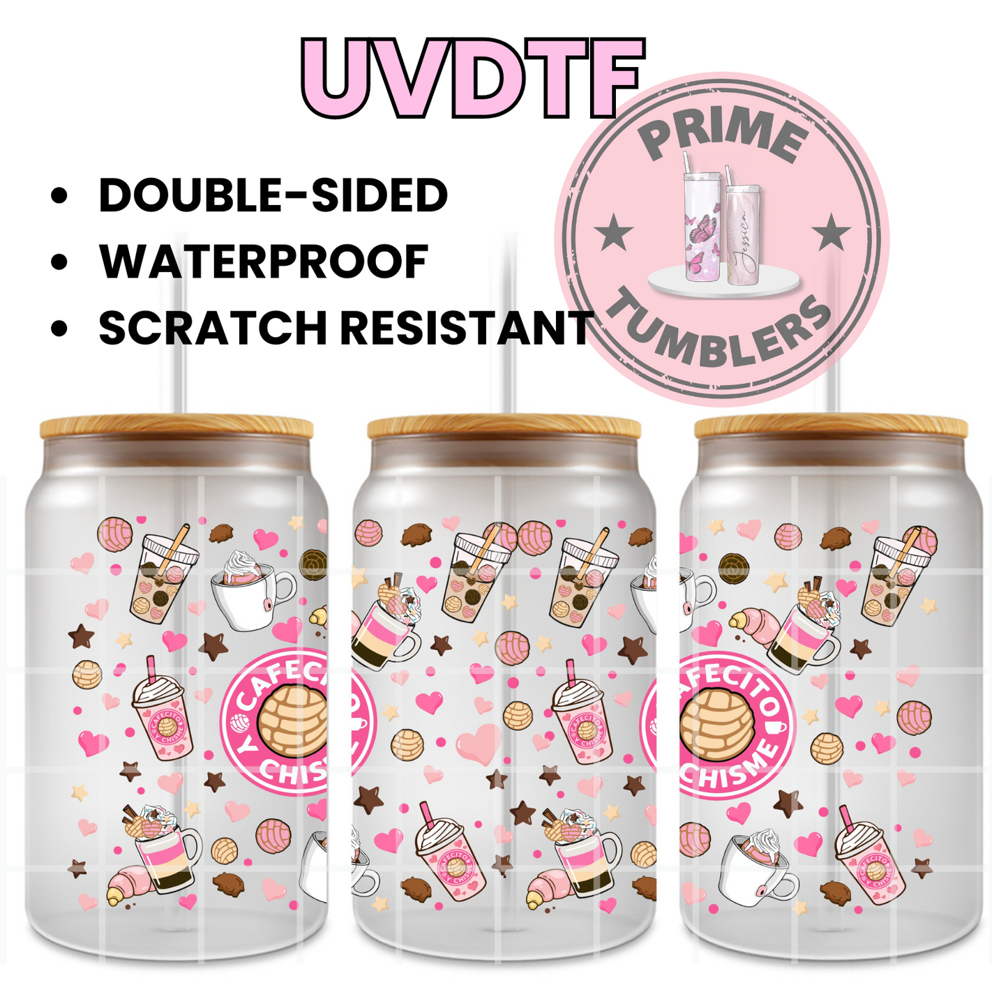 Cafecito y Chisme conchas café 16oz UVDTF cup wrap, ready to apply STICKERS dos