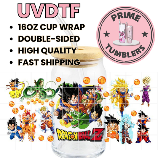 Dragon Ball Z Japanese Anime and Manga series DBZ Ready-to-press UVDTF Transfers, Cup wrap decals, Tumbler prints, 16oz Libbey Glass UV STICKERS