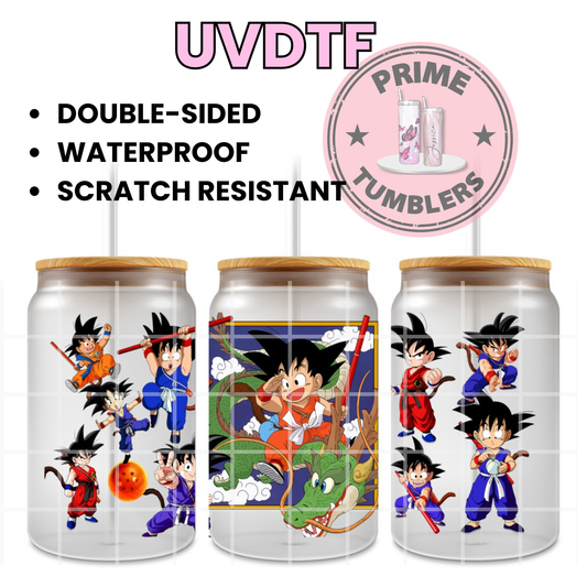 Dragon Ball Z Ready-to-press UVDTF Transfers, Cup wrap decals, Tumbler prints, 16oz Libbey Glass UV STICKERS DBZ Japanese Anime and Manga Kid Goku Power Pole and flying on the Flying Nimbus cloud son and Dragon Shenron