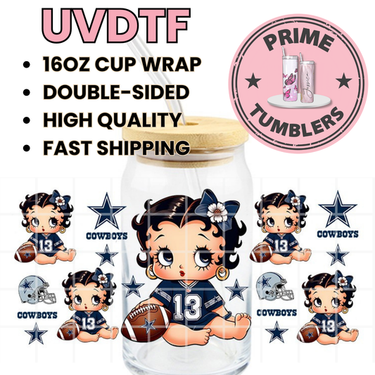 Dallas COWBOYS Texas BP Betty Boop Football 16oz UVDTF cup wrap, ready to apply STICKERS