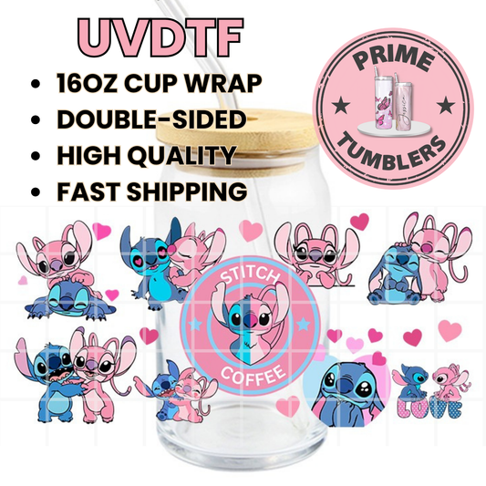 Disney Stitch and Angel Coffee 16oz Libbey Glass Cup Wrap UVDTF, Ready to apply decal STICKERS pink and blue aliens Experiment 624 and 626