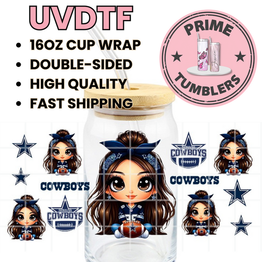 Girl DALLAS Cowboys Football 16oz UVDTF cup wrap, ready to apply STICKERS Texas