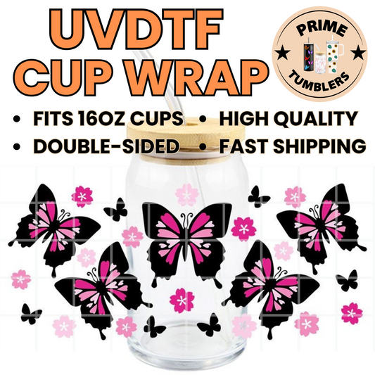 Pink and Black Butterflies 16oz UVDTF cup wrap, ready to apply STICKERS butterfly flowers