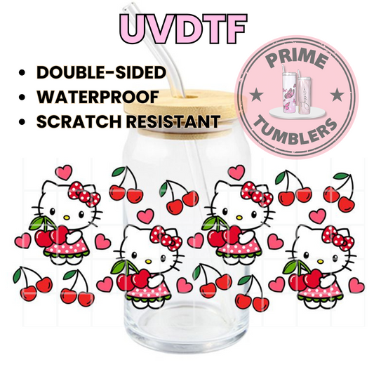 Cherry hearts Hello Kitty HK 16oz UVDTF cup wrap, ready to apply STICKERS Sanrio
