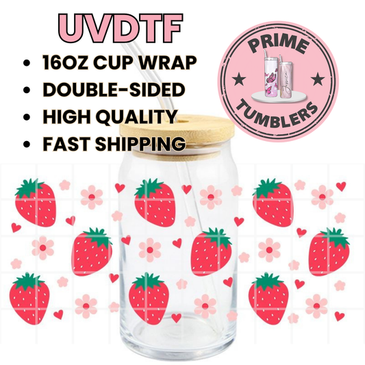 STRAWBERRIES and Flowers 16oz UVDTF cup wrap, ready to apply STICKERS on