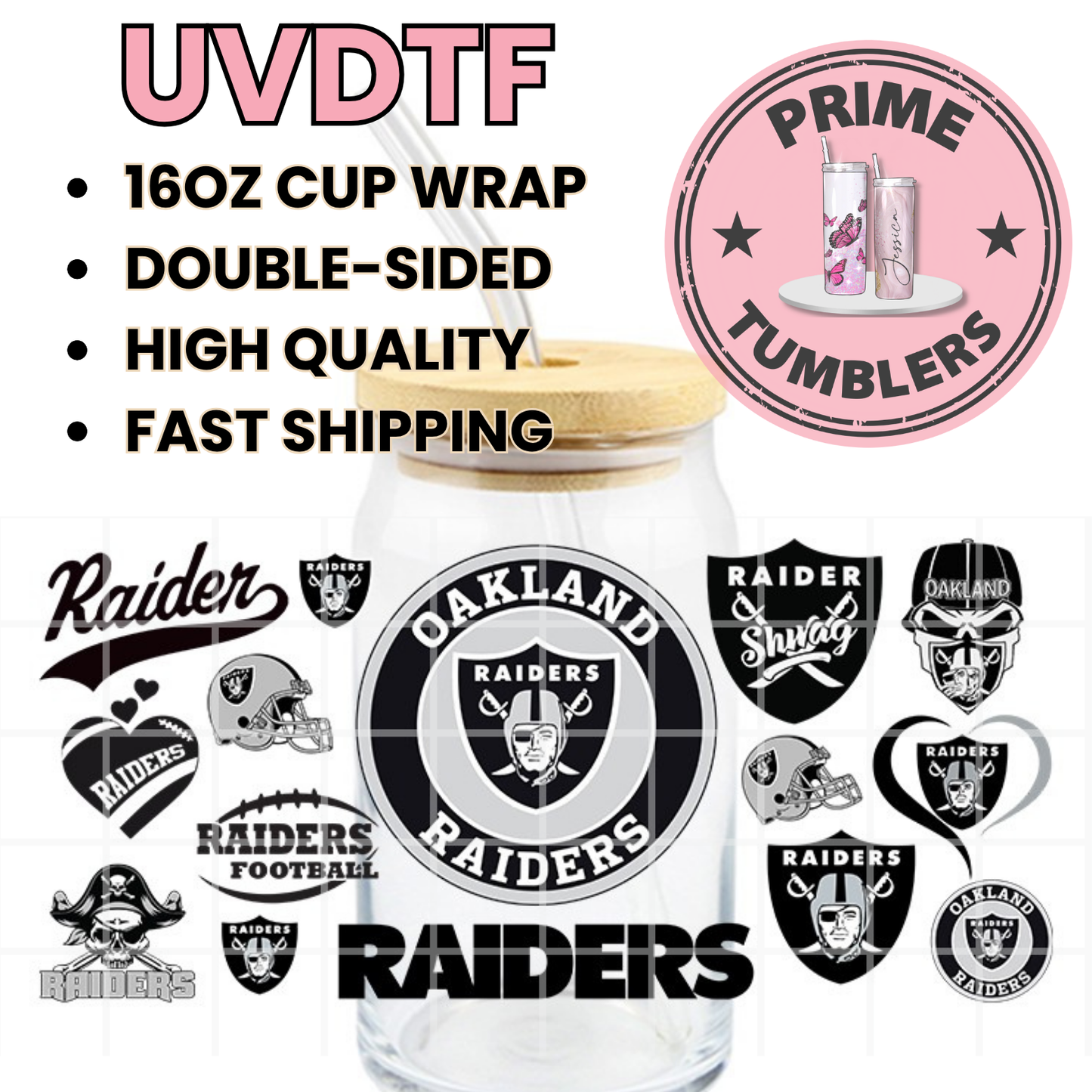 RAIDERS Football Oakland R 16oz UVDTF cup wrap, ready to apply STICKERS