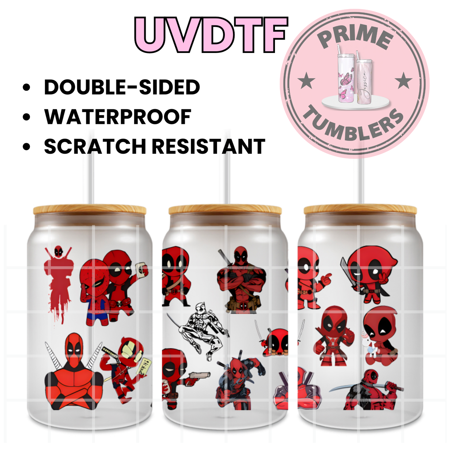 Marvel character Deadpool 16oz UVDTF cup wrap, ready to apply STICKERS red