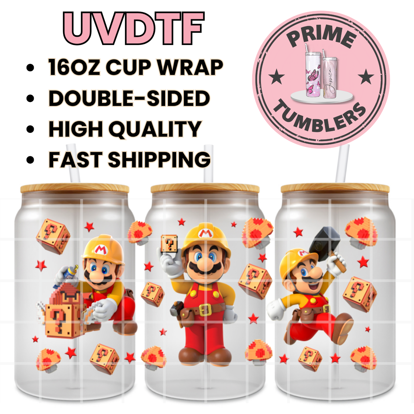 Super Mario video game builder maker, construction 16oz UVDTF cup wrap, ready to apply STICKERS