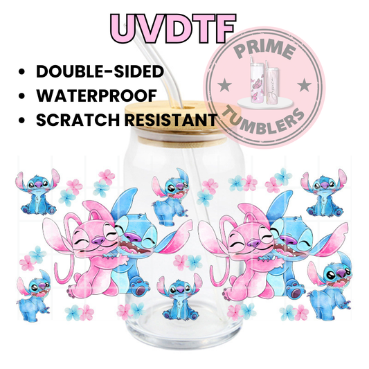 Disney movie Stitch and Angel 16oz Libbey Glass Cup Wrap UVDTF, Ready to apply decal STICKERS Stitch blue alien, and Angel pink alien UV