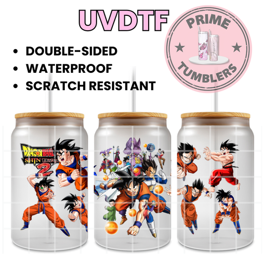 Dragon Ball Z: Shin Budokai 2 Ready-to-press UVDTF Transfers, Cup wrap decals, Tumbler prints, 16oz Libbey Glass UV STICKERS DBZ Son Goku Japanese Anime and Manga series