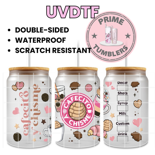 Cafecito y Chisme conchas café 16oz UVDTF cup wrap, ready to apply STICKERS pink