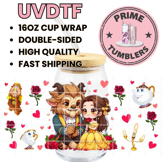 Disney Princess movie Beauty Belle and the Beast 16oz Libbey Glass Cup Wrap UVDTF, Ready to apply decal STICKERS Cogsworth, Mrs. Potts, and Lumière Kawaii