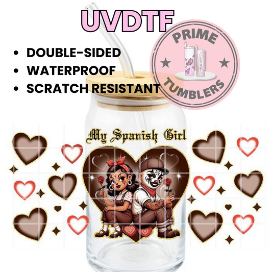 My SPANISH Girl couple 16oz UVDTF cup wrap, ready to apply STICKERS blue