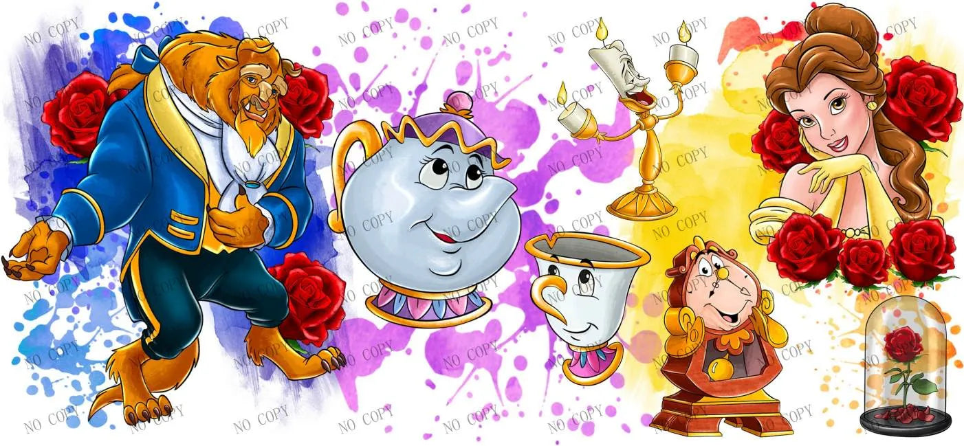 Disney Princess movie Beauty Belle and the Beast 16oz Libbey Glass Cup Wrap UVDTF, Ready to apply decal STICKERS red roses glass dome Mrs. Potts, Chip Cogsworth and Lumière