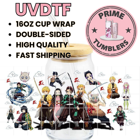 Demon Slayer Demon Killing Blade Ready-to-press UVDTF Transfers, Cup wrap decals, Tumbler prints, 16oz Libbey Glass UV STICKERS Tanjiro Kamado, his sister Nezuko, Zenitsu Agatsuma, and Inosuke Hashibira DS Anime