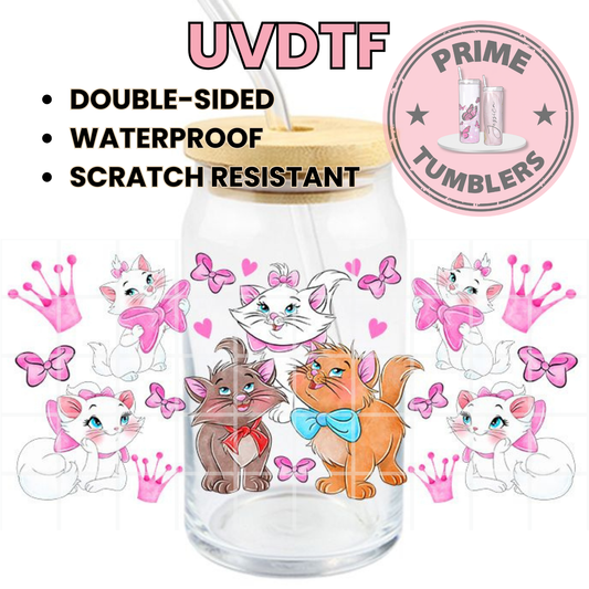 Disney's The Aristocats Duchess, and kittens Marie, Berlioz, and Toulouse 16oz UVDTF cup wrap, ready to apply STICKERS bows hearts and Crowns