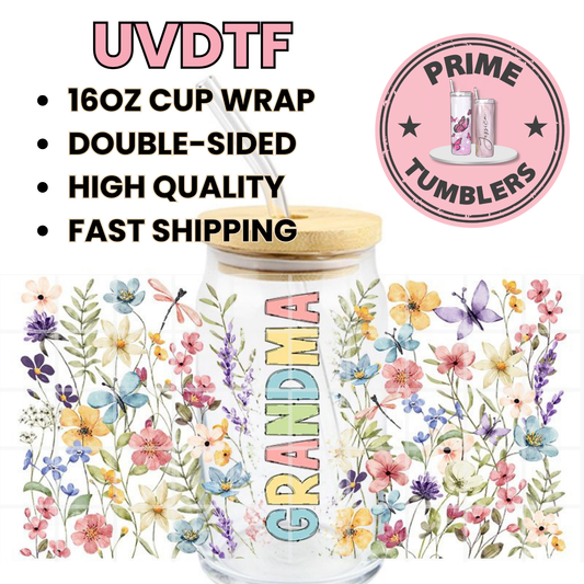 GRANDMA flowers 16oz UVDTF cup wrap, ready to apply STICKERS on