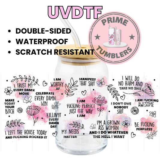 I am F** perfect just the way I AM affirmation 16oz UVDTF cup wrap, ready to apply STICKERS decal BUTTERFLIES flowers