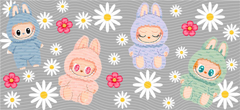 LABUBU Daisy flowers 16oz Libbey Glass Cup Wrap UVDTF, Ready to apply decal STICKERS Labubus aesthetic plush dolls The Monsters Pop Mart Kawaii