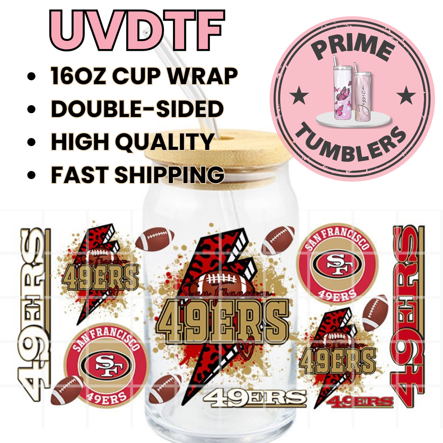 Thunder Football 49ers Niners SF San Francisco 16oz UVDTF cup wrap, ready to apply STICKERS
