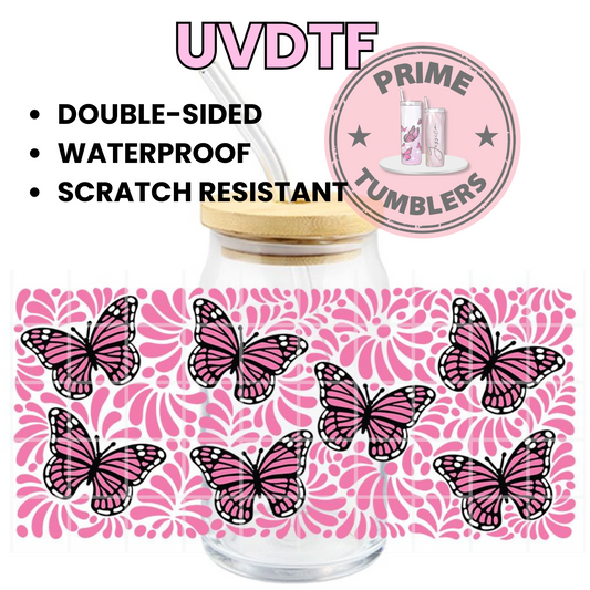 Pink and Black butterflies 16oz UVDTF cup wrap, ready to apply STICKERS butterfly