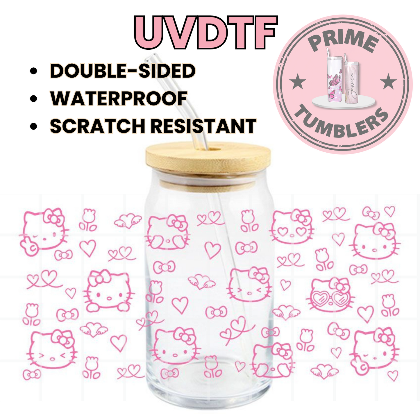 Hello Kitty pink outline 16oz UVDTF cup wrap, ready to apply STICKERS HK peace