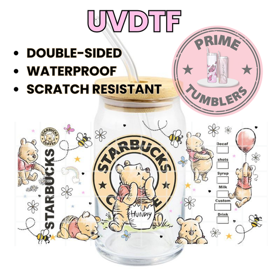 Disney’s Winnie the Pooh Bear16oz Libbey Glass Cup Wrap UVDTF, Ready to apply decal STICKERS Walt Disney classic