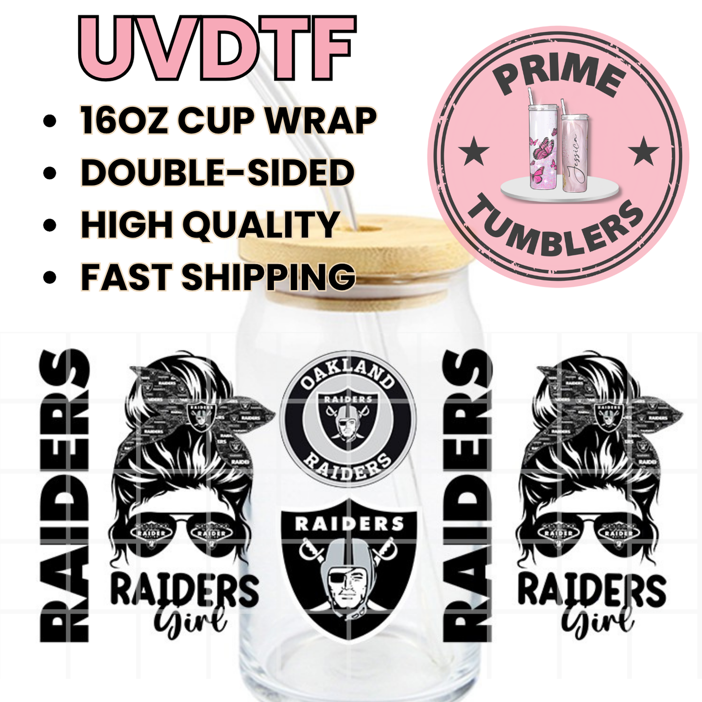 RAIDERS girl Football Oakland 16oz UVDTF cup wrap, ready to apply STICKERS