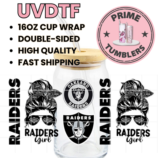 RAIDERS girl Football Oakland 16oz UVDTF cup wrap, ready to apply STICKERS