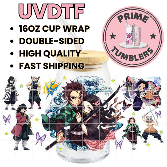 Demon Slayer: Kimetsu no Yaiba DM Ready-to-press UVDTF Transfers, Cup wrap decals, Tumbler prints, 16oz Libbey Glass UV STICKERS anime manga series, Tanjiro Kamado, Nezuko Kamado, Giyu Tomioka, Zenitsu Agatsuma, Inosuke Hashibira, and Shinobu Kocho