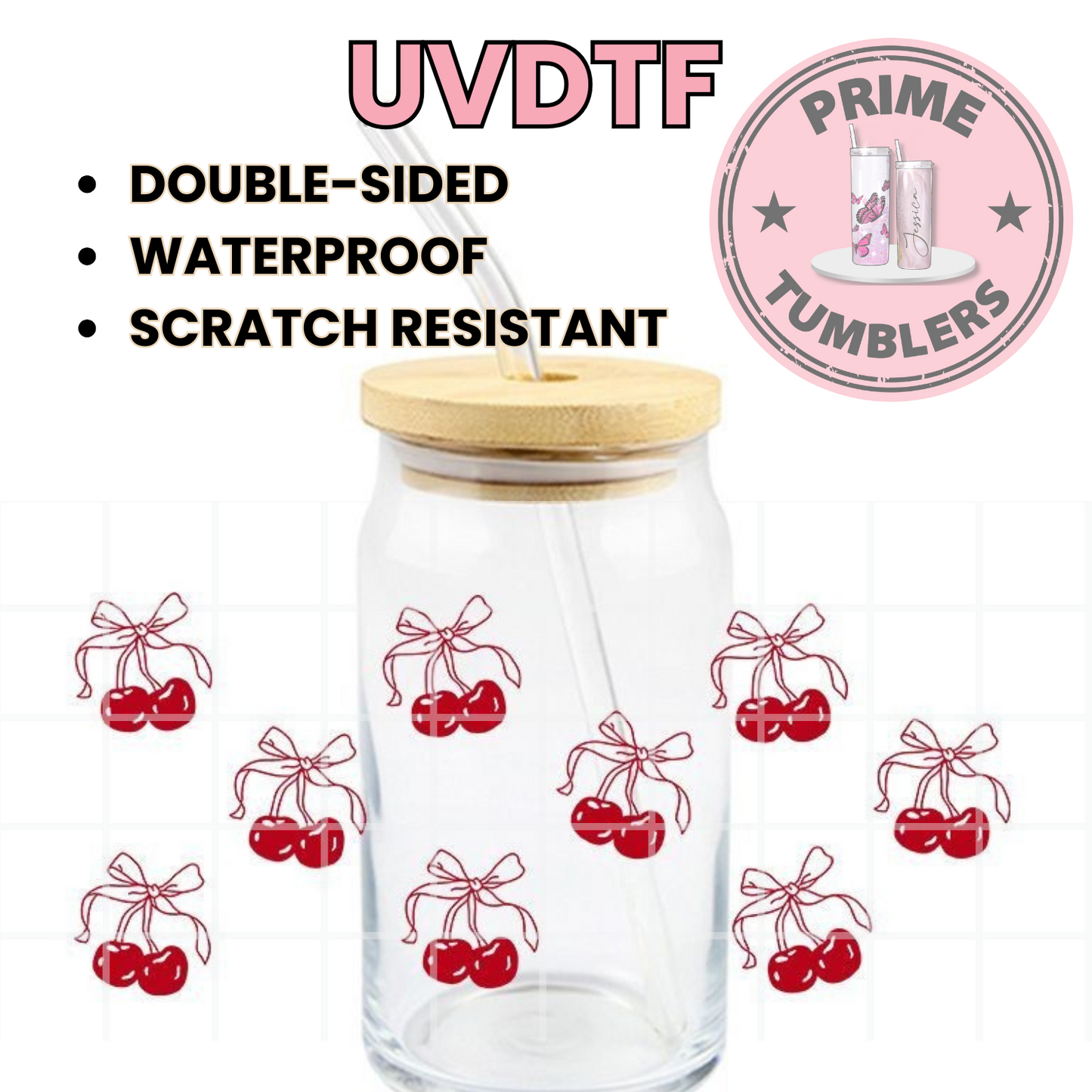 CHERRY Bows 16oz UVDTF cup wrap, ready to apply STICKERS
