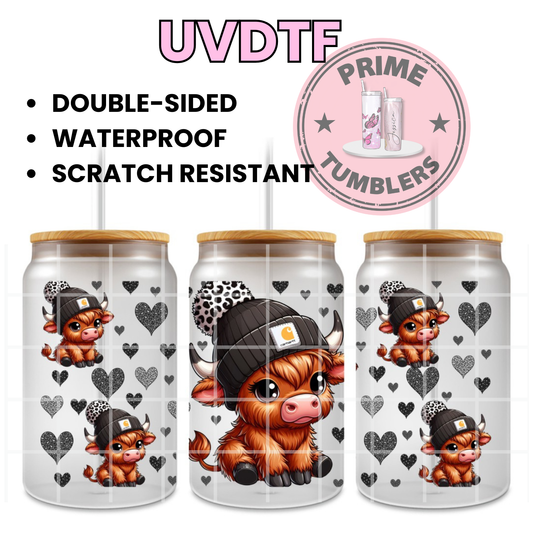 Highland Cow Black beanie 16oz UVDTF cup wrap, ready to apply STICKERS decal cows hearts