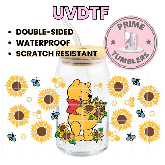 Disney’s Winnie the Pooh Bear sunflowers and bees 16oz Libbey Glass Cup Wrap UVDTF, Ready to apply decal STICKERS Walt Disney BABY