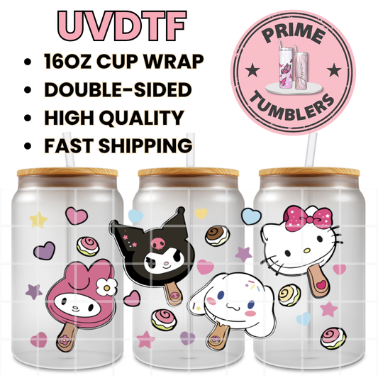 Popsicles SANRIO characters 16oz UVDTF cup wrap, ready to apply STICKERS