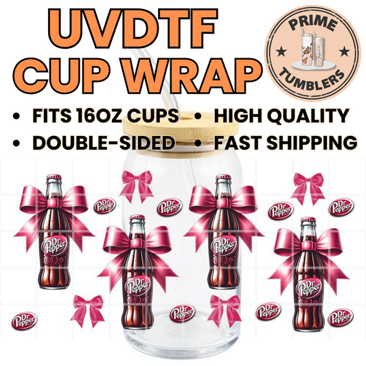 DR PEPPER 4 glass and BOWS 16oz UVDTF cup wrap, ready to apply STICKERS sodas pink decal