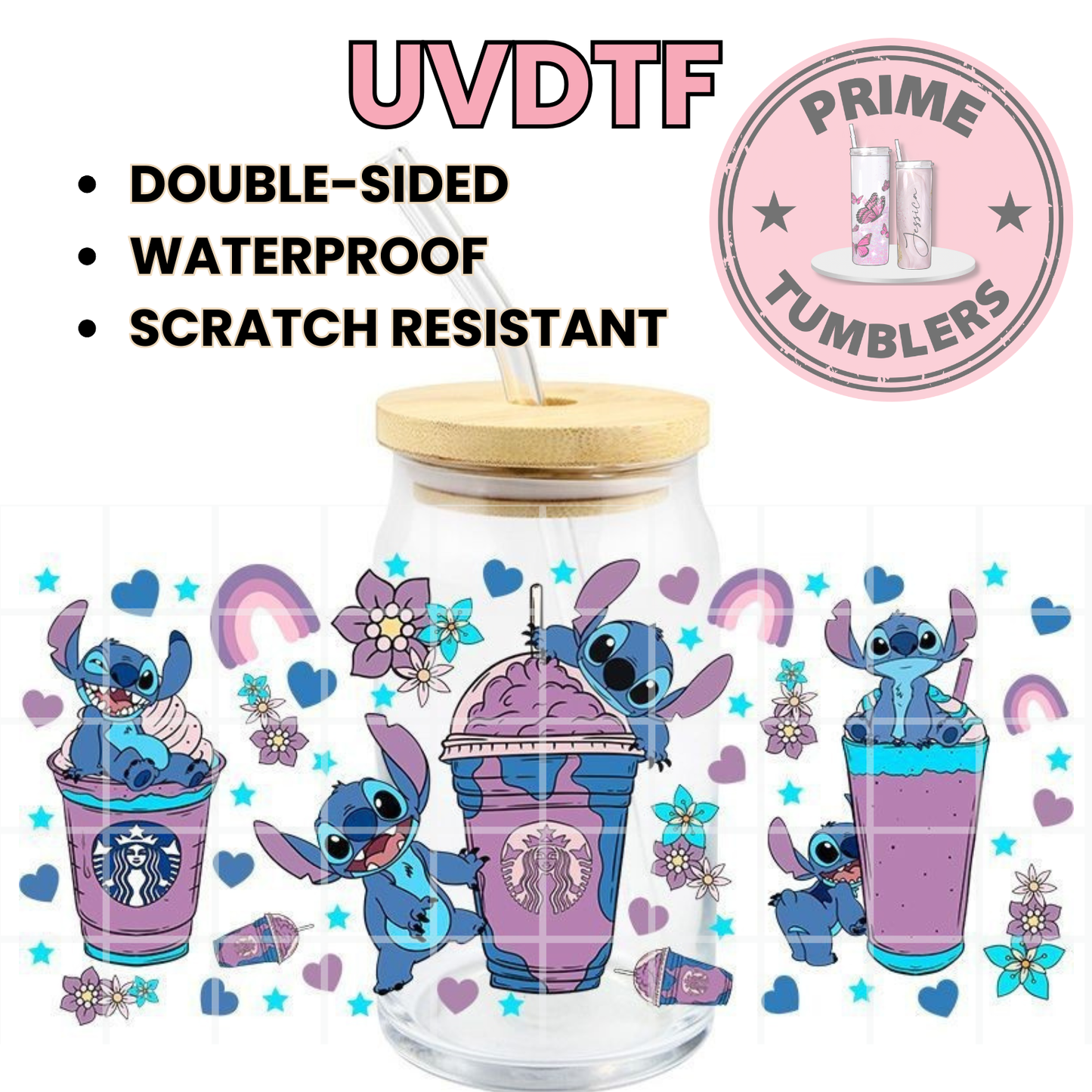 Disney's Stitch purple 16oz Libbey Glass Cup Wrap UVDTF, Ready to apply decal STICKERS alien