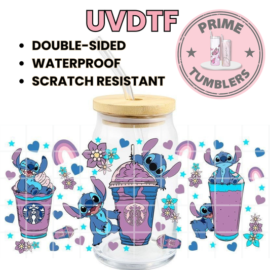 Disney's Stitch purple 16oz Libbey Glass Cup Wrap UVDTF, Ready to apply decal STICKERS alien