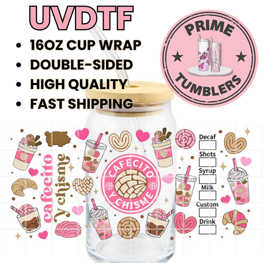 Cafecito y CHISME pink 16oz UVDTF cup wrap, ready to apply STICKERS