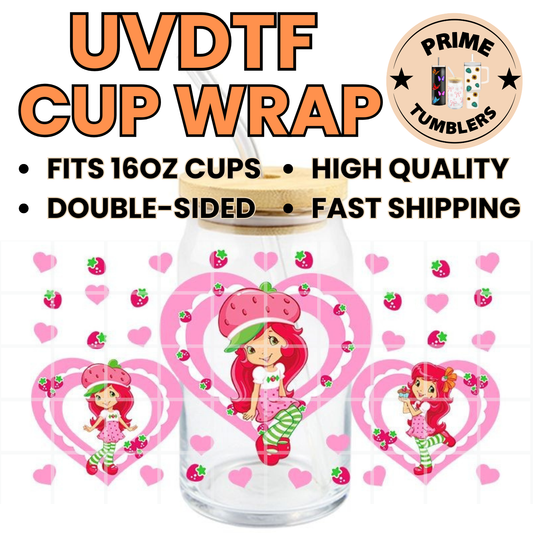 Strawberry Shortcake pink Hearts 16oz Libbey Glass Cup Wrap UVDTF, Ready to apply decal STICKERS strawberries Berry Sweet
