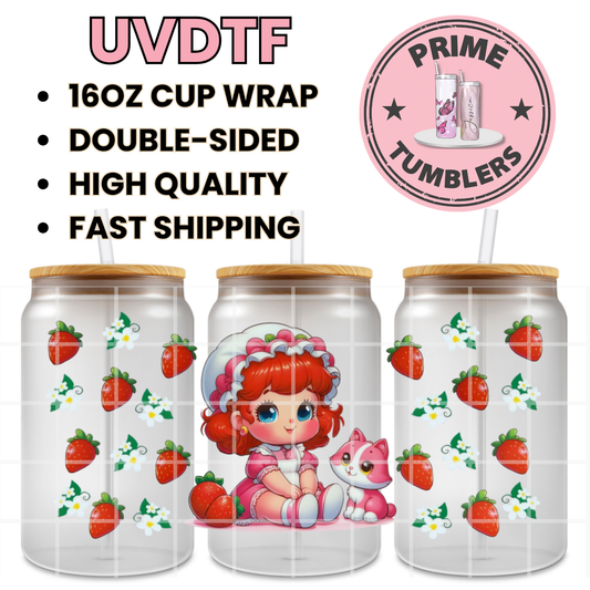 Strawberry Shortcake 16oz Libbey Glass Cup Wrap UVDTF, Ready to apply decal STICKERS strawberries cat Custard
