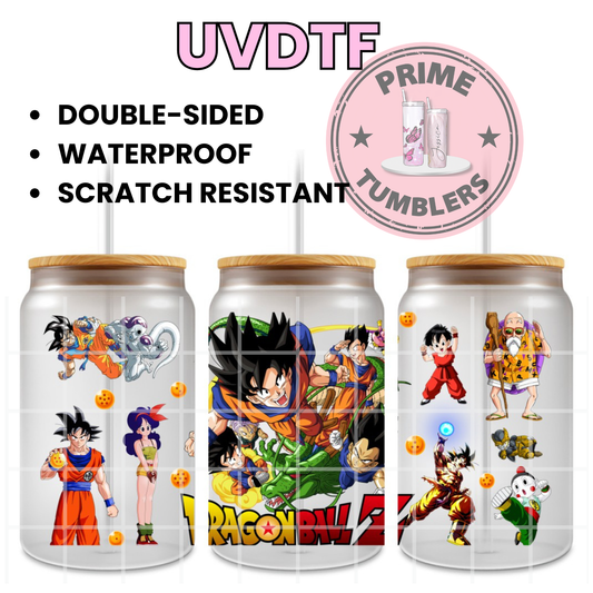 Dragon Ball Z Ready-to-press UVDTF Transfers, Cup wrap decals, Tumbler prints, 16oz Libbey Glass UV STICKERS DBZ Japanese Anime and Manga Goku, Vegeta, Gohan, Frieza, Master Roshi, and Dragon Shenron