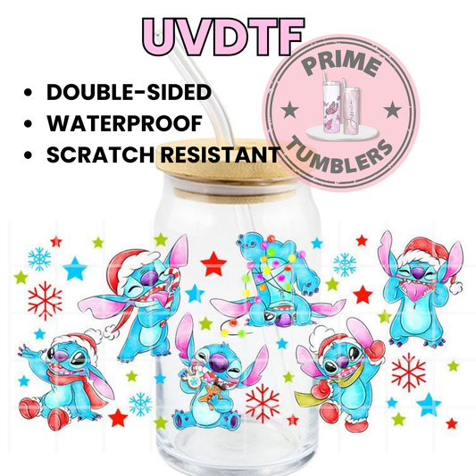 Disney's STITCH XMAS 16oz Libbey Glass Cup Wrap UVDTF, Ready to apply decal STICKERS Christmas