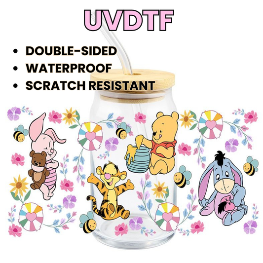 Disney’s Winnie the Pooh Bear BABY 16oz Libbey Glass Cup Wrap UVDTF, Ready to apply decal STICKERS Pooh: yellow teddy bear who loves honey. Piglet: small timid pig with a big heart. Tigger: bouncy and energetic tiger Eeyore: gloomy, gray donkey.