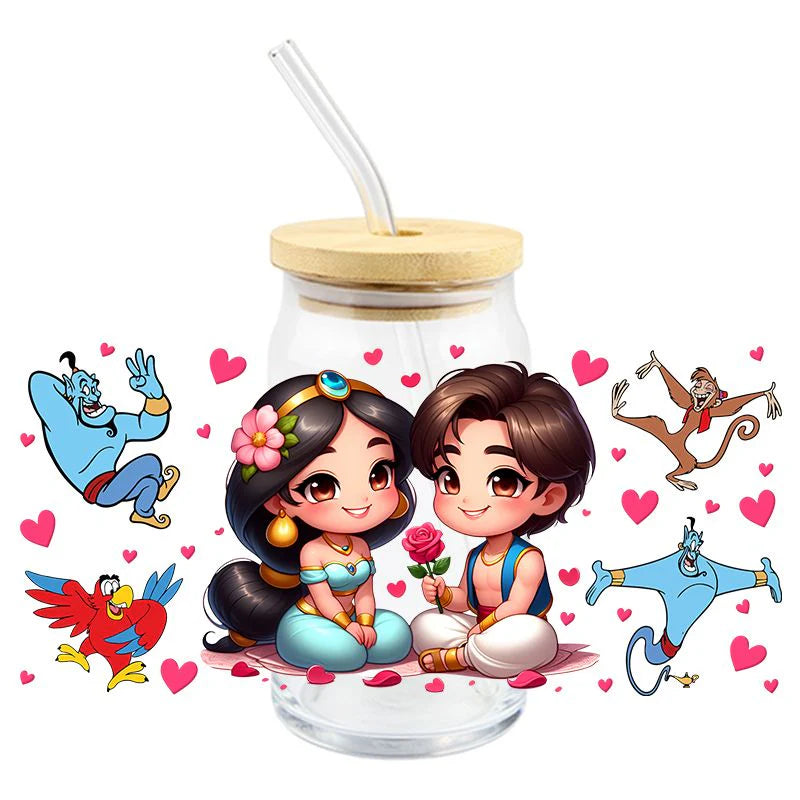 Disney movie Aladdin magic carpet 16oz UVDTF cup wrap, ready to apply STICKERS decals Princess Jasmine, Aladdin, Abu the monkey, and Genie Kawaii