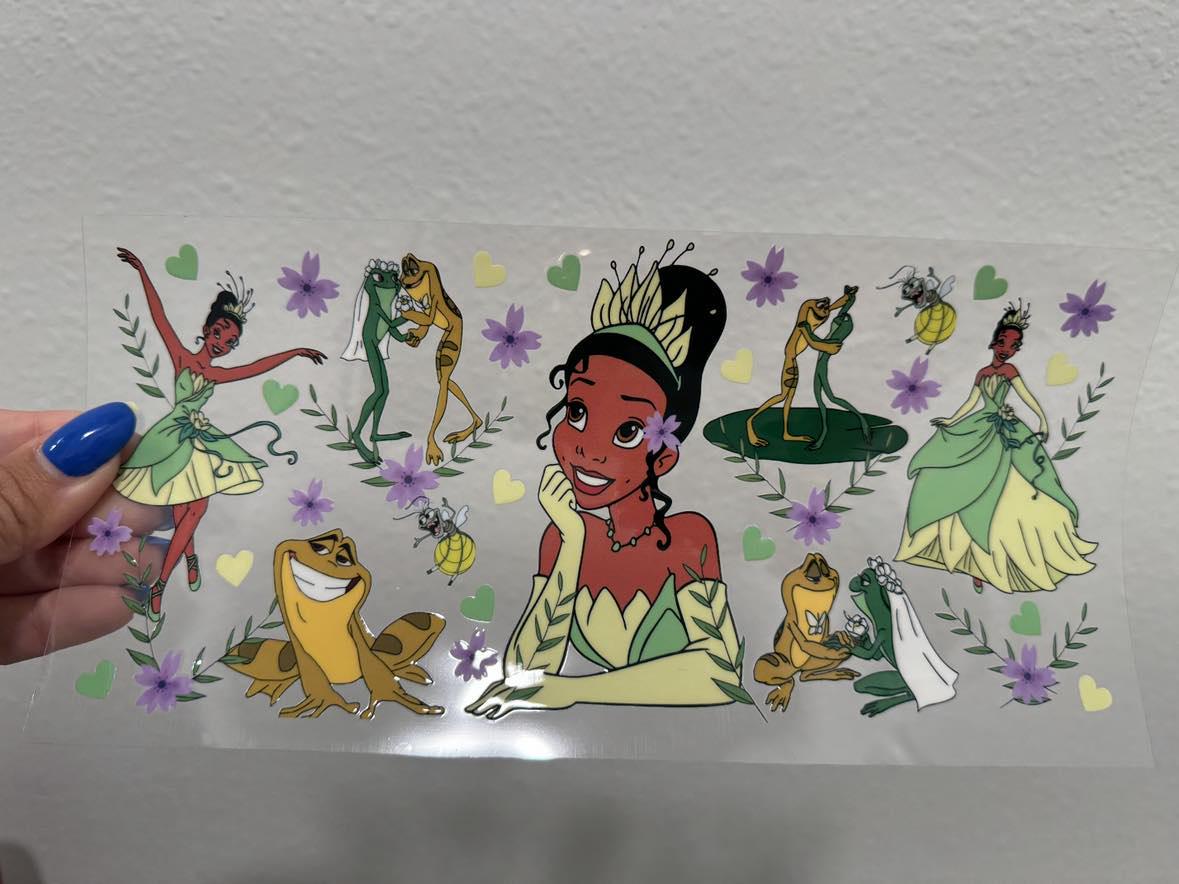 Princess Tiana and Prince Naveen as a green frog 16oz UVDTF cup wrap, ready to apply STICKERS decals