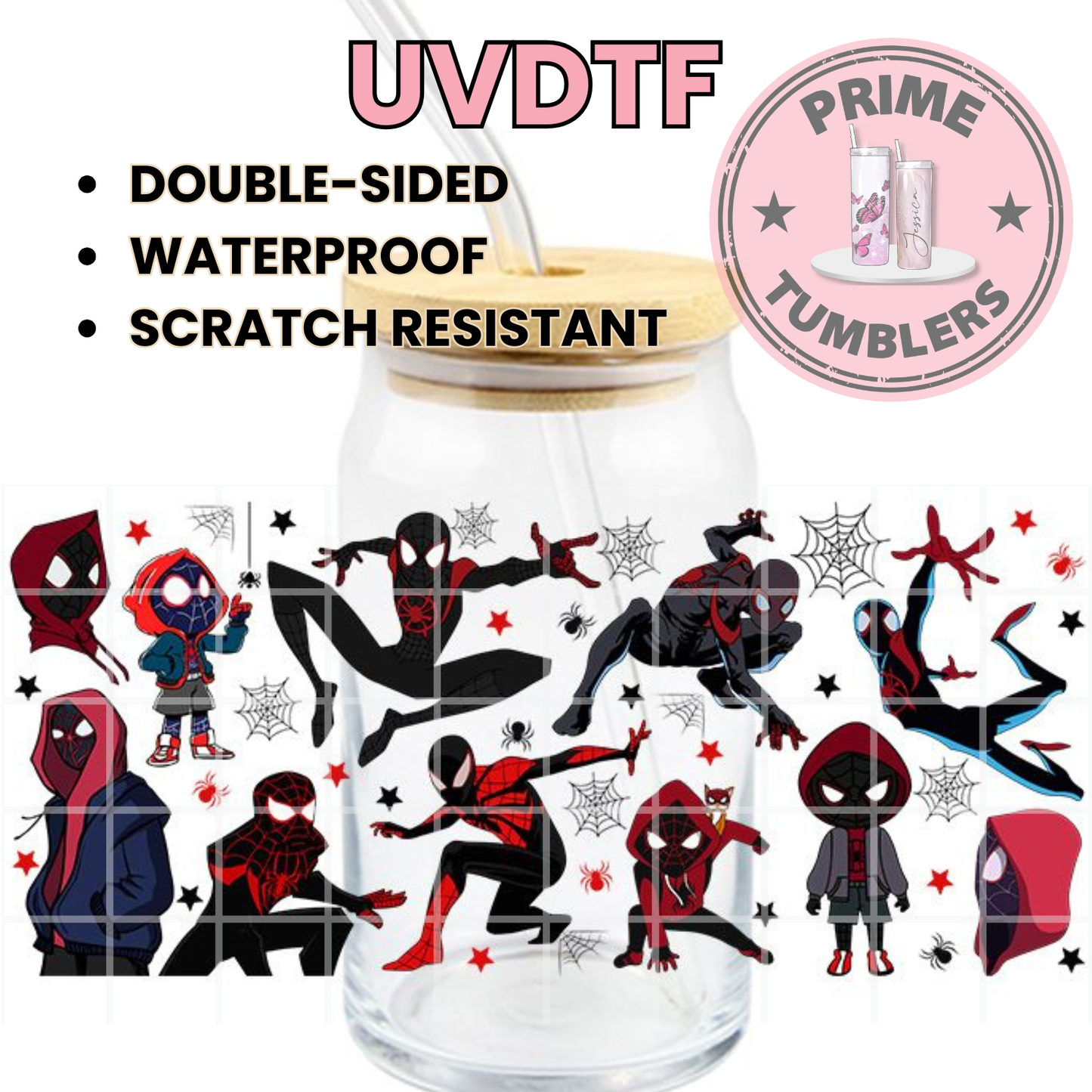Marvel Comics superheroes 16oz UVDTF cup wrap, ready to apply STICKERS Miles Morales black and red Spider-Man spidey