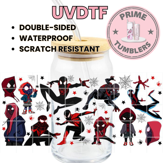 Marvel Comics superheroes 16oz UVDTF cup wrap, ready to apply STICKERS Miles Morales black and red Spider-Man spidey