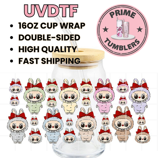 LABUBU plush dolls red BOWS 16oz Libbey Glass Cup Wrap UVDTF, Ready to apply decal STICKERS Exciting Macaron Tasty Macarons Labubus