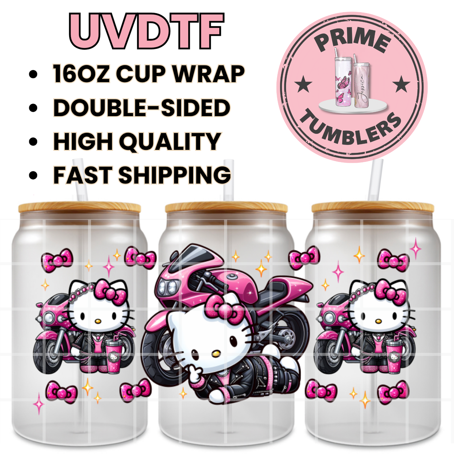 Hello Kitty Motorcycle HK 16oz UVDTF cup wrap, ready to apply STICKERS