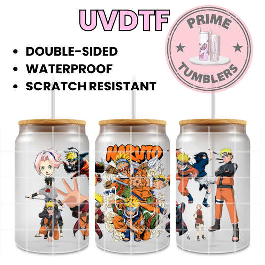 Naruto Uzumaki, Sasuke Uchiha, and Sakura Haruno Ready-to-press UVDTF Transfers, Cup wrap decals, Tumbler prints, 16oz Libbey Glass UV STICKERS Japanese manga and anime series